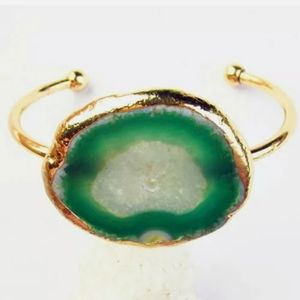 New Gold Wrapped Green Geode Agate Slice Cuff Bracelet.